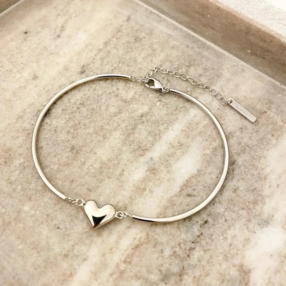 925 Sterling Silver Heart Cuff Bracelet Heart Pendant Bangle Bracelet - Picture 4 of 7